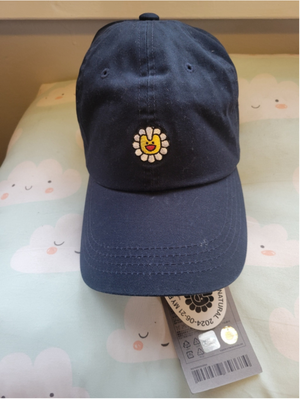 Navy Floral Smiley Embroidered Baseball Cap